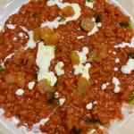 Risotto alla rapa rossa, gambero di Mazara del Vallo a tartare e stracciatella