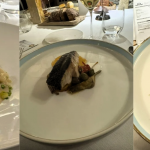 Gamberi al vapore con passatina di fagioli, sedano; trancio di ombrina alla vernaccia con verdure di stagione; cremoso al caramello gelato al caffè e agrumi.
